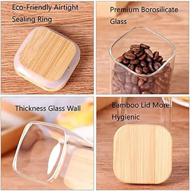 10 Piece Glass Spice Jars with Bamboo Lid, 8Oz Square Glass Storage Jars with Wooden Lid, Mini Jars with Label for Kitchen Pantry, Suit for Sugar, Salt, Coffee, Tea, Dry Food Storage